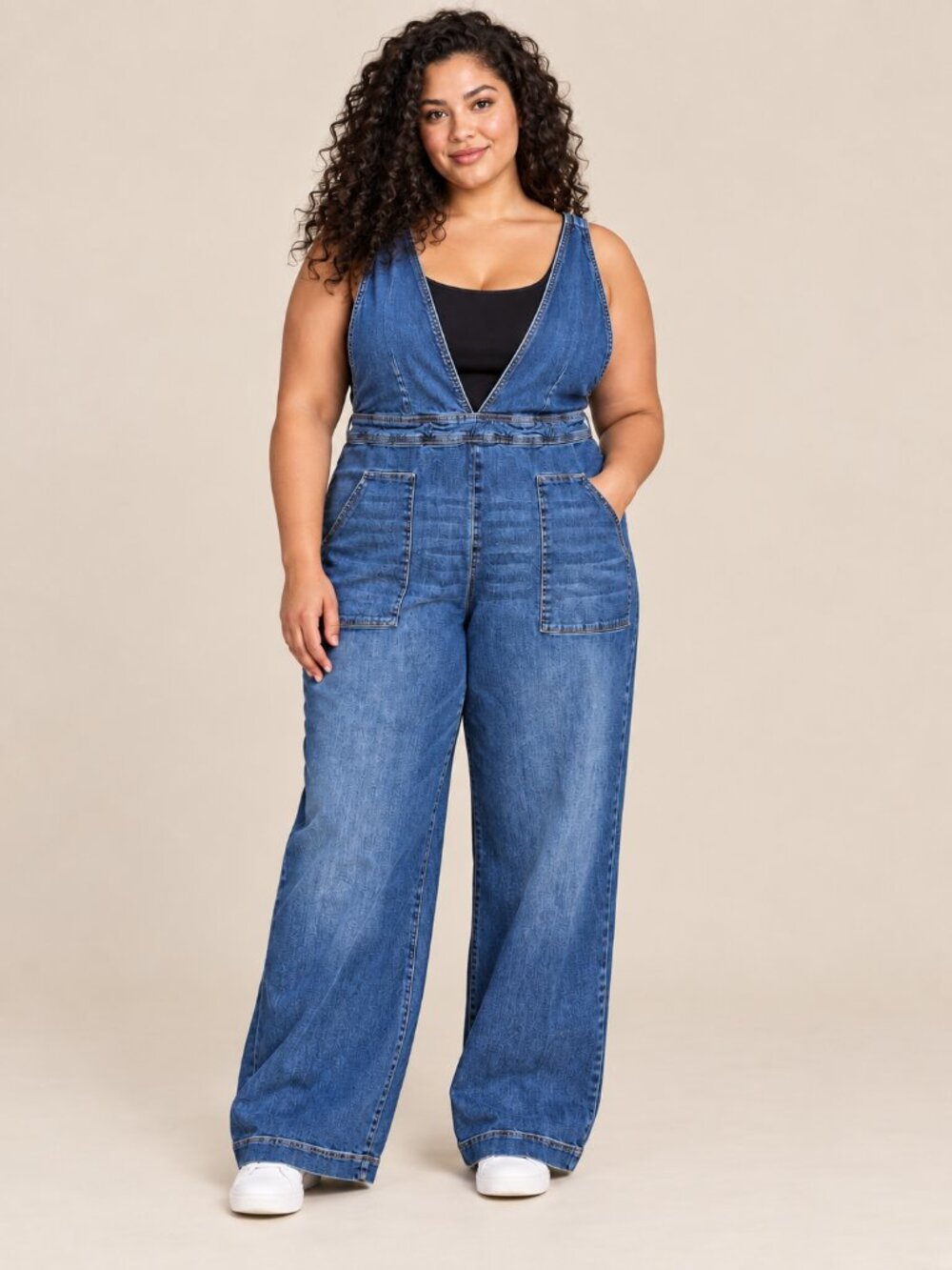 Dollhouse Plus Size 24W Denim Jumpsuit - Deep V Neck Wide Leg Overalls